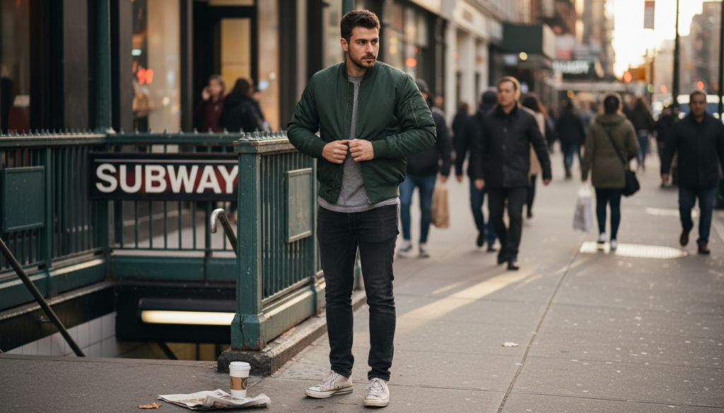 Young man zipping bomber jacket city street