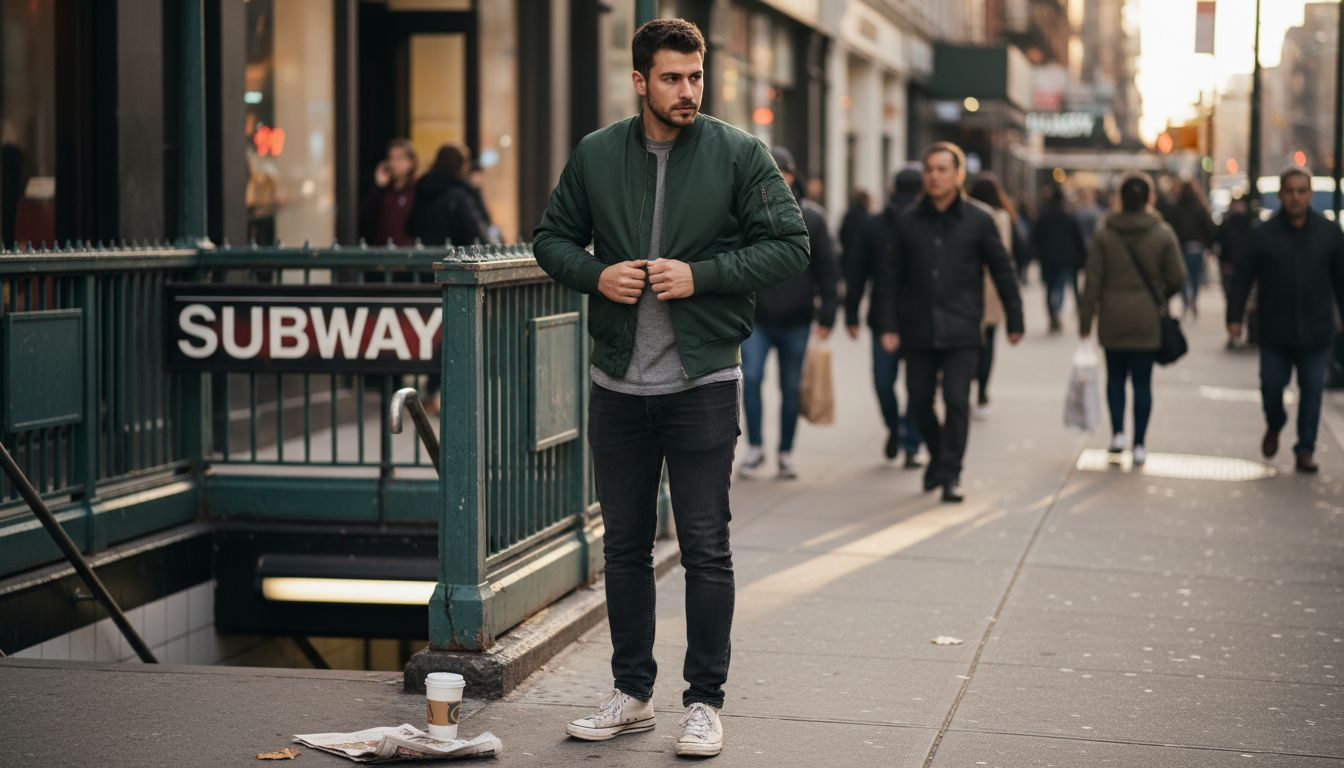 Young man zipping bomber jacket city street