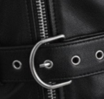 leather biker jacket belt buckle and strap close-up