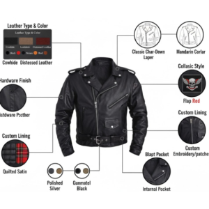 leather biker jacket design features and material chart