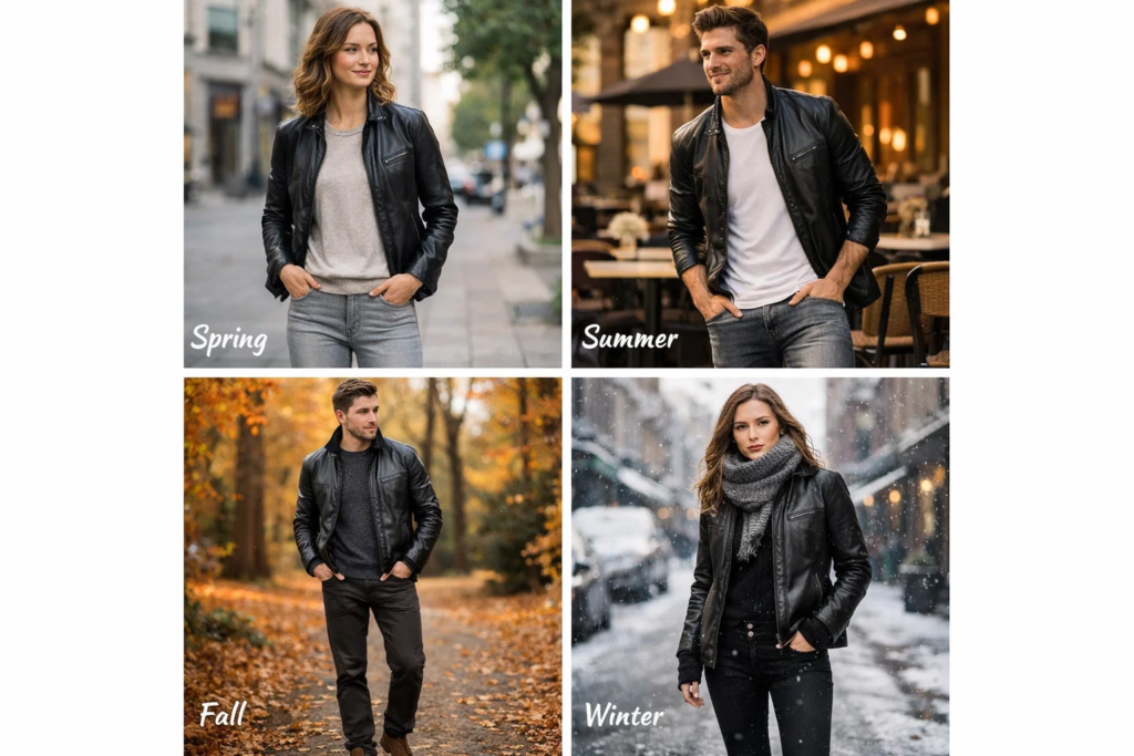 Leather jackets styled for spring, summer, fall, and winter