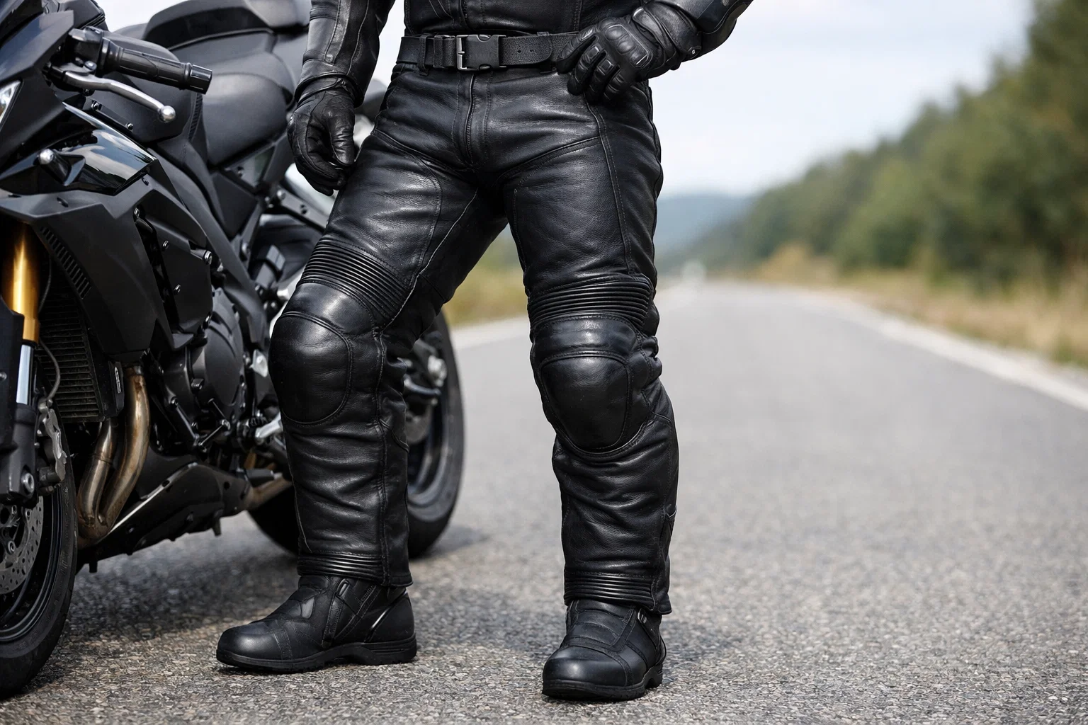 Full-body shot of armored leather motorcycle pant