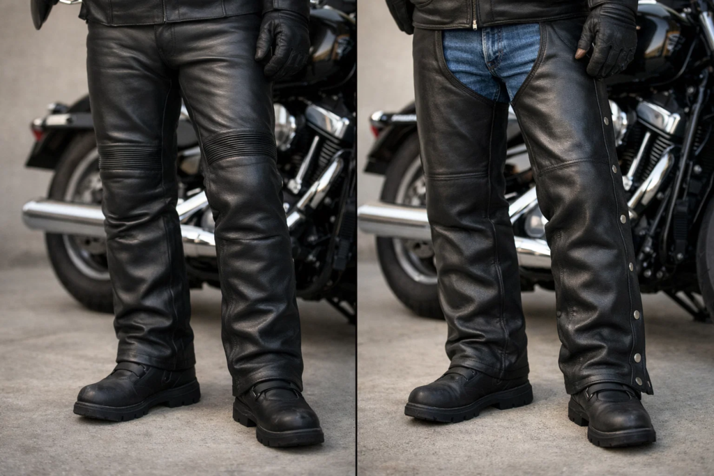 Comparison of motorcycle leather pants and riding chaps.