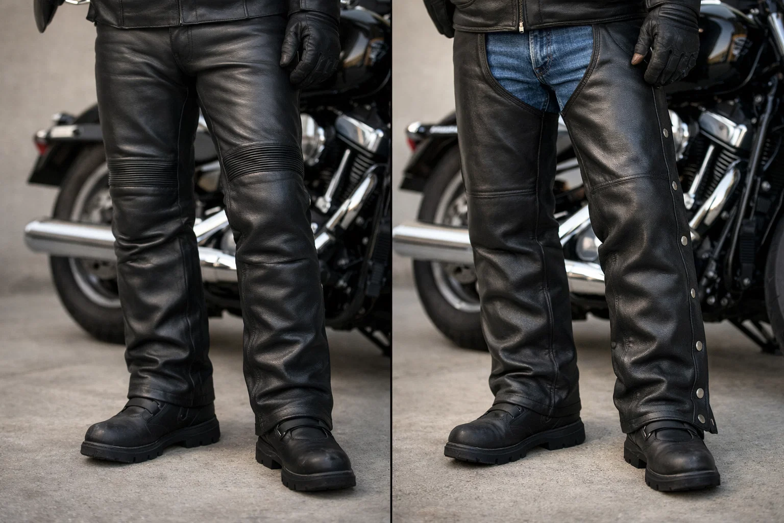 Comparison of motorcycle leather pants and riding chaps.