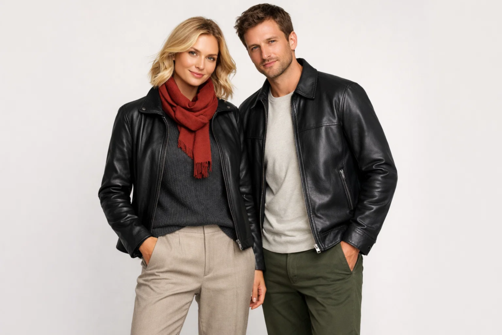 Man and woman wearing black leather jackets in casual outfits