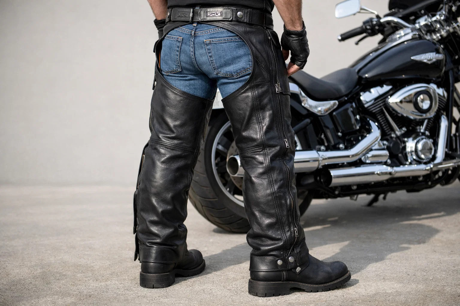 Rear view of a man wearing leather motorcycle chaps.