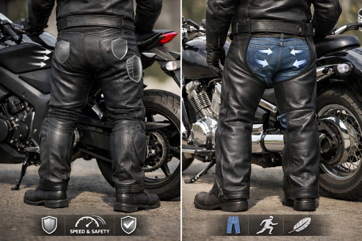 Side-by-side safety comparison of leather pants and chaps.