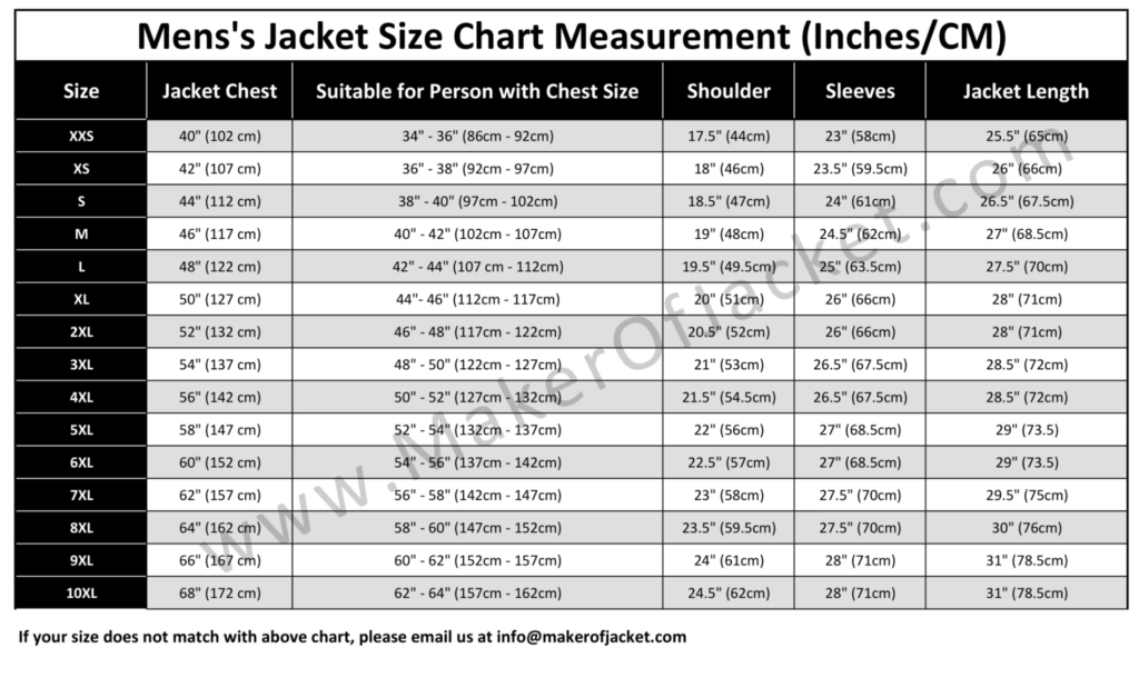 mens size chart guide for leather jacket