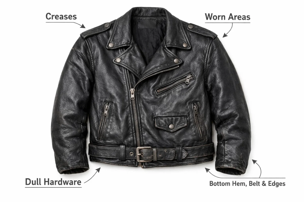 Worn black leather biker jacket showing creases and aged details