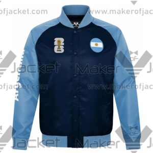 Argentina FIFA World Cup 2026 Full Snap Satin Jacket front view with argentina and FIFA 26 logos.