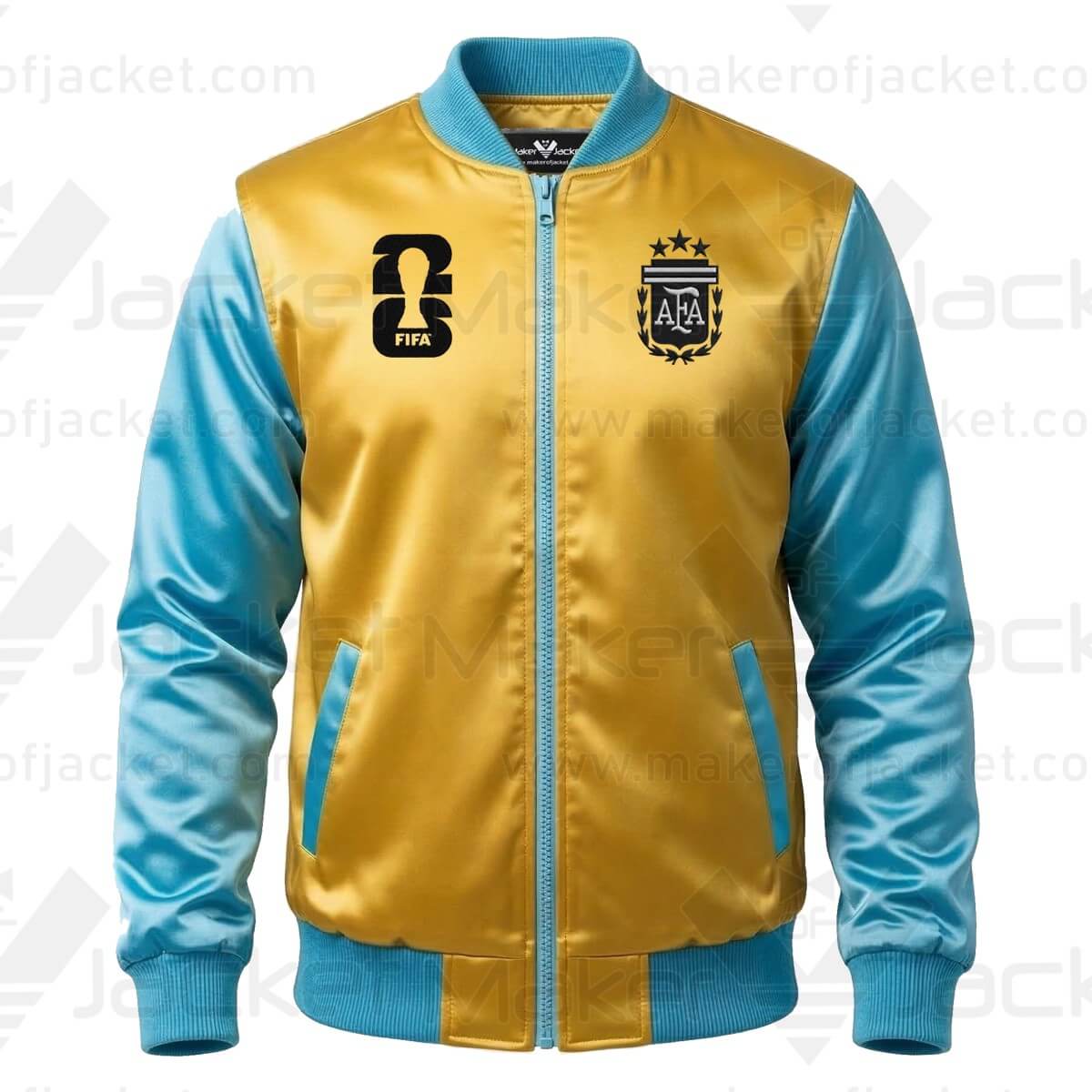 Argentina FIFA World Cup 2026 Yellow Blue Satin Jacket Front Argentina FIFA World Cup 2026 Yellow Blue Satin Jacket Front