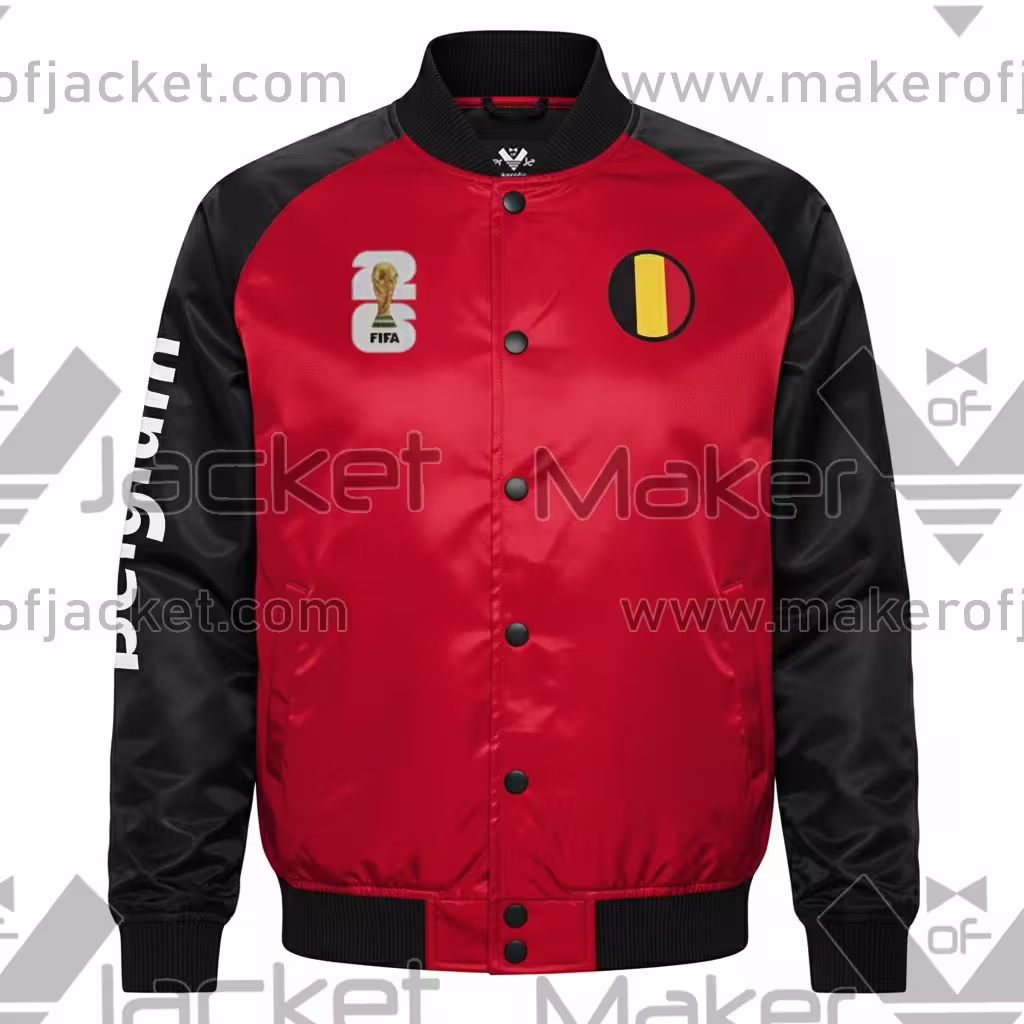 Belgium FIFA World Cup 2026 Full Snap Satin Jacket front view with belgium and FIFA 26 logos.