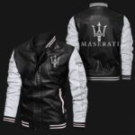 Black White Maserati Bomber Leather Jacket showing front view with ribbed collar, cuffs, waistband, YKK zipper, and Maserati logos on chest, arms, and back.