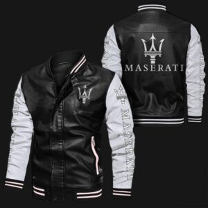 Black White Maserati Bomber Leather Jacket showing front view with ribbed collar, cuffs, waistband, YKK zipper, and Maserati logos on chest, arms, and back.