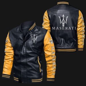 Black Yellow Maserati Bomber Leather Jacket showing front view with ribbed collar, cuffs, waistband, YKK zipper, and Maserati logos on chest, arms, and back.