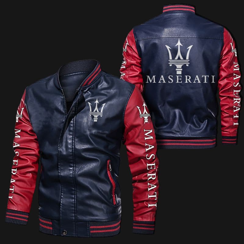 Blue-Red-Maserati-Bomber-Leather-Jacket-1 Blue Red Maserati Bomber Leather Jacket showing front view with ribbed collar, cuffs, waistband, YKK zipper, and Maserati logos on chest, arms, and back.