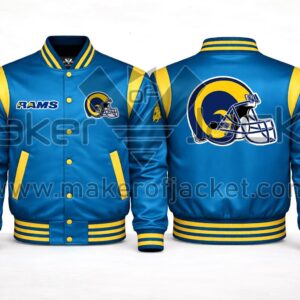 Blue and Yellow Los Angeles Rams satin varsity jacket with front RAMS text, helmet logo chest, striped rib-knit collar, and large helmet logo on back view