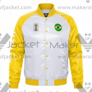 Brazil FIFA World Cup 2026 Full Snap Satin Jacket front view with brazil and FIFA 26 logos.