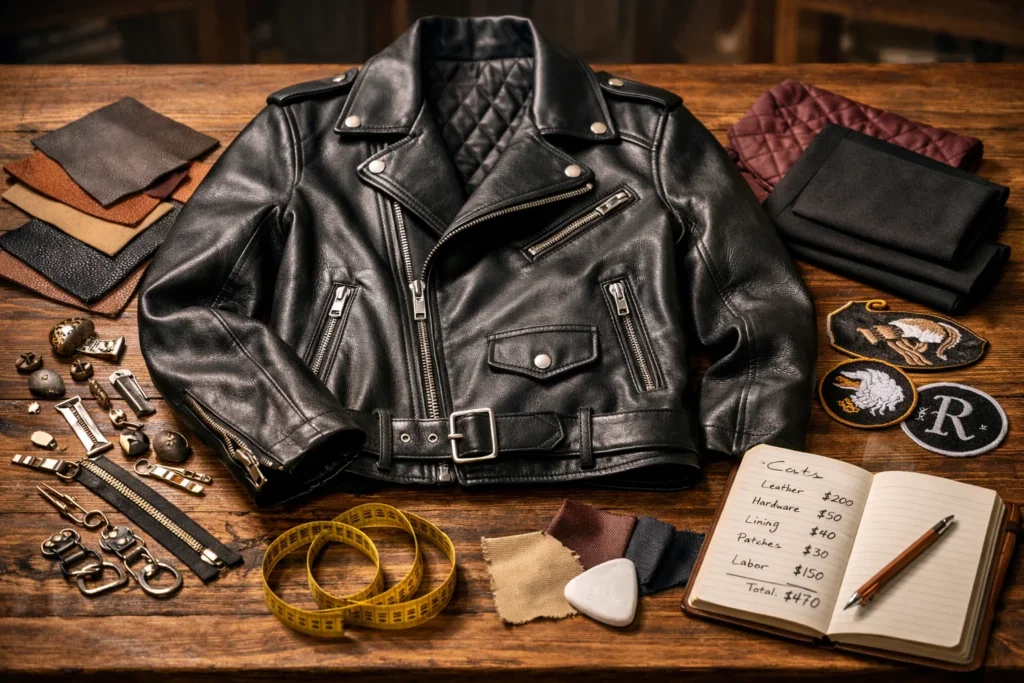 Custom leather jacket materials and pricing factors flat lay.