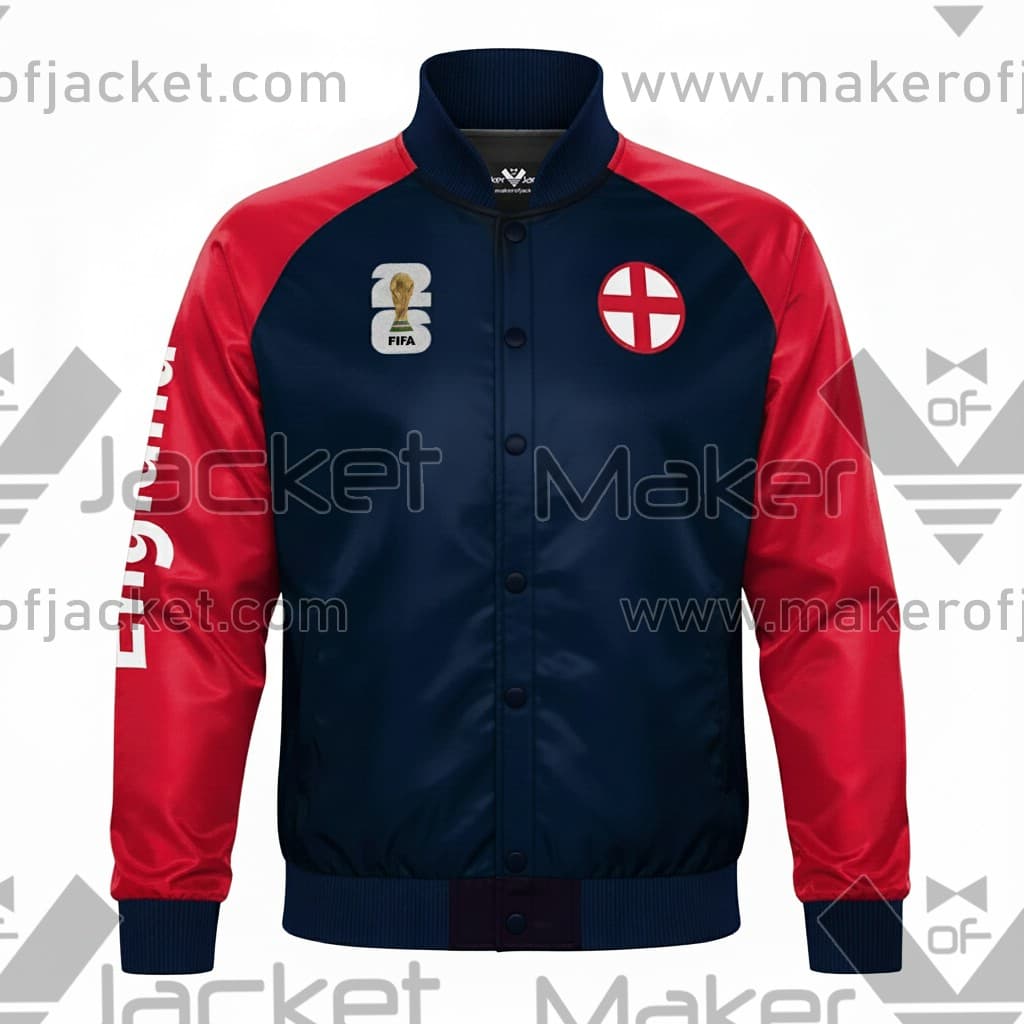 England-FIFA-World-Cup-2026-Full-Snap-Satin-Jacket-1 England FIFA World Cup 2026 Full Snap Satin Jacket front view with england and FIFA 26 logos.