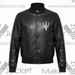 Maserati black leather varsity jacket front view with logo on left chest, ribbed collar, cuffs, and snap button closure