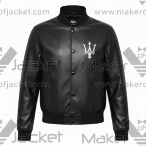 Maserati black leather varsity jacket front view with logo on left chest, ribbed collar, cuffs, and snap button closure
