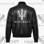 Maserati black leather varsity jacket back view with bold MASERATI logo lettering and sleek varsity design
