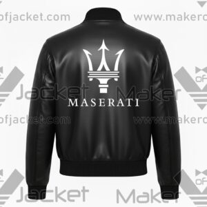 Maserati black leather varsity jacket back view with bold MASERATI logo lettering and sleek varsity design