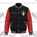 Maserati Black Red Letterman Jacket front with leather sleeves and chest logos.