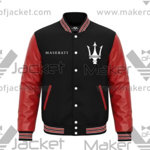 Maserati Black Red Letterman Jacket front with leather sleeves and chest logos.