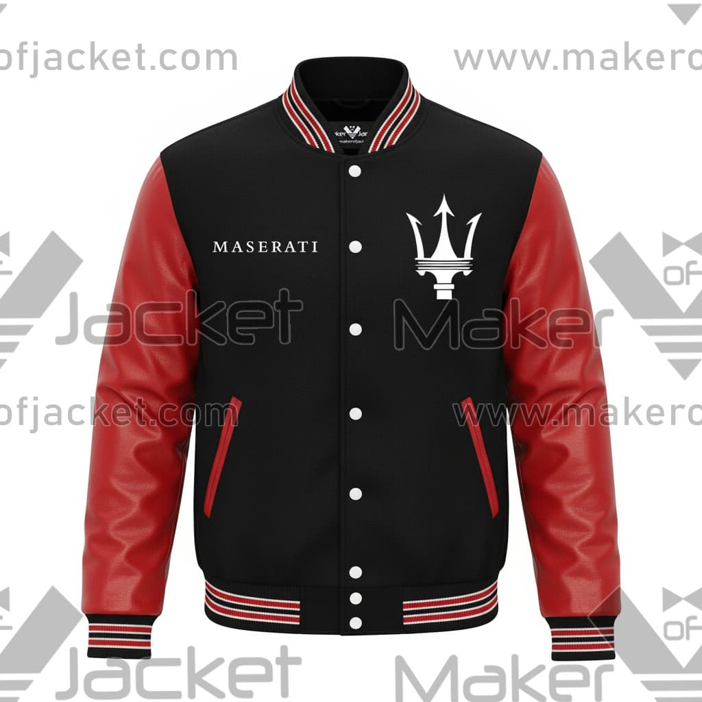 Maserati-Car-Black-Red-Letterman-Varsity-Jacket-1 Maserati Black Red Letterman Jacket front with leather sleeves and chest logos.
