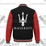 Maserati Black Red Letterman Jacket back with logo and MASERATI lettering.