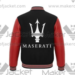Maserati Black Red Letterman Jacket back with logo and MASERATI lettering.