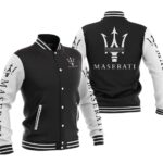 Maserati Black White Wool Jacket front and back view, featuring ribbed collar, cuffs, waistband, snap button closure, and Maserati logos on chest, sleeves, and back.