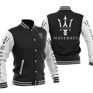 Maserati Black White Wool Jacket front and back view, featuring ribbed collar, cuffs, waistband, snap button closure, and Maserati logos on chest, sleeves, and back.