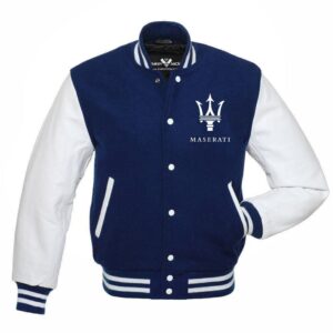 Maserati blue and white varsity jacket front view with wool body, leather sleeves, ribbed trims, and Maserati logo on chest