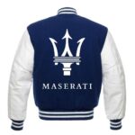 Maserati blue and white letterman jacket back view featuring large Maserati logo and lettering with leather sleeves and ribbed waistband