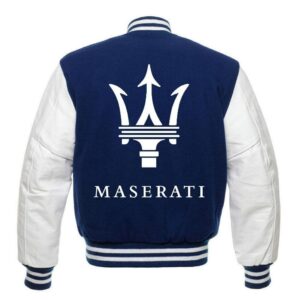Maserati blue and white letterman jacket back view featuring large Maserati logo and lettering with leather sleeves and ribbed waistband
