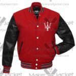 Maserati red and black varsity jacket front view with wool body, leather sleeves, ribbed trims, and Maserati logo on chest.