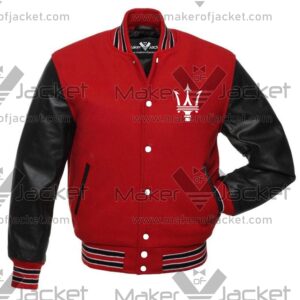 Maserati red and black varsity jacket front view with wool body, leather sleeves, ribbed trims, and Maserati logo on chest.