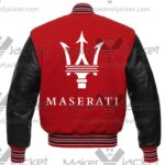 Maserati red and black letterman jacket back view featuring large Maserati logo and lettering with leather sleeves and ribbed waistband.