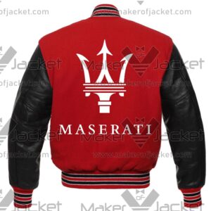 Maserati red and black letterman jacket back view featuring large Maserati logo and lettering with leather sleeves and ribbed waistband.
