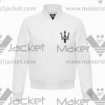 Maserati White leather varsity jacket front view with logo on left chest, ribbed collar, cuffs, and snap button closure