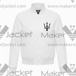 Maserati White leather varsity jacket front view with logo on left chest, ribbed collar, cuffs, and snap button closure