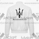 Maserati White leather varsity jacket back view with bold MASERATI logo lettering and sleek varsity design