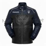 Front view of Maserati Levante Black Blue Leather Jacket with snap collar, rib-knitted cuffs, YKK zipper, and Maserati logo on left chest.