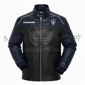 Front view of Maserati Levante Black Blue Leather Jacket with snap collar, rib-knitted cuffs, YKK zipper, and Maserati logo on left chest.