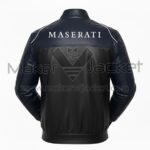 Back view of Maserati Levante Black Blue Leather Jacket showcasing bold MASERATI branding and sleek leather design.