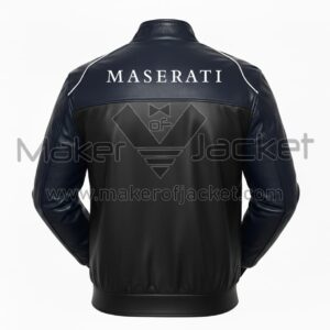 Back view of Maserati Levante Black Blue Leather Jacket showcasing bold MASERATI branding and sleek leather design.