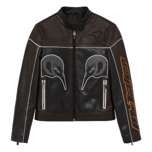 McLaren F1 Black Brown Champion Biker Leather Jacket Front